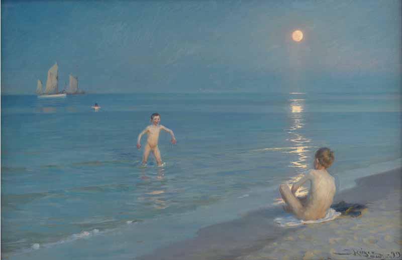 Peder Severin Kroyer Boys bathing on a summer evening at Skagen Beach Sweden oil painting art